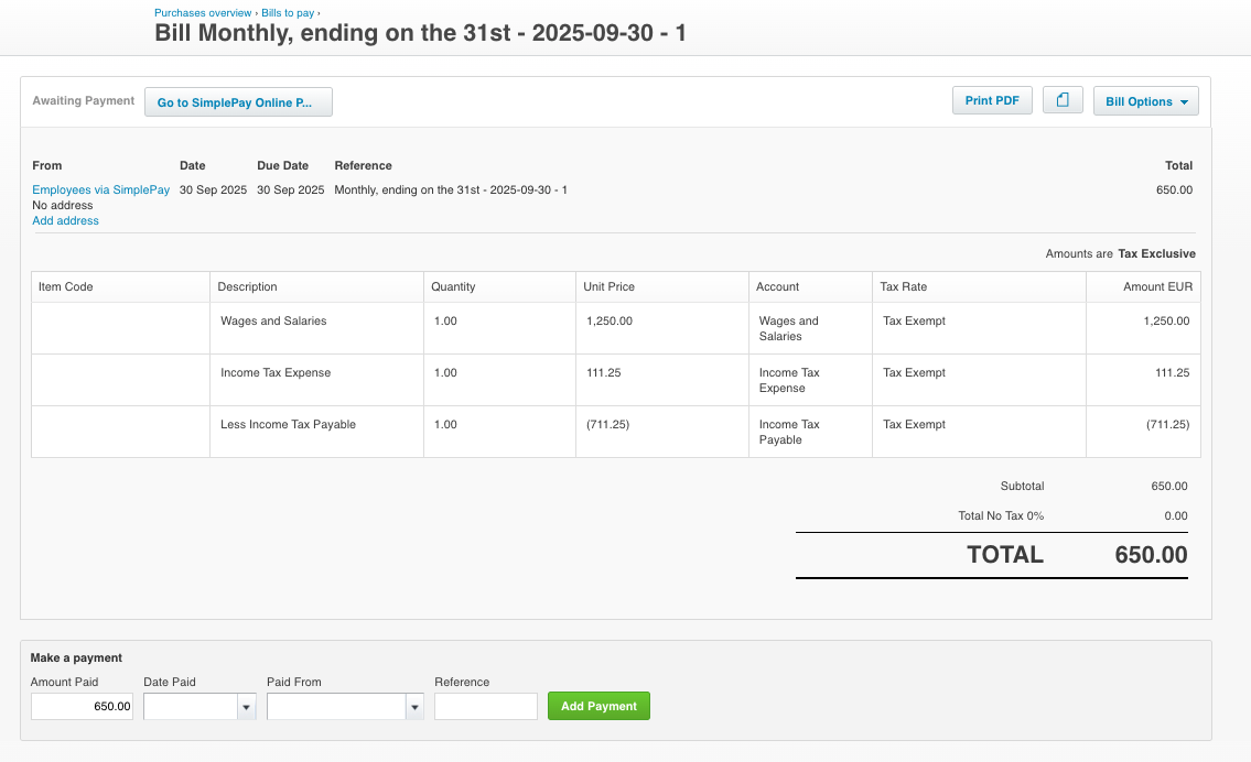 Xero supplier bill example showing payroll cost breakdown